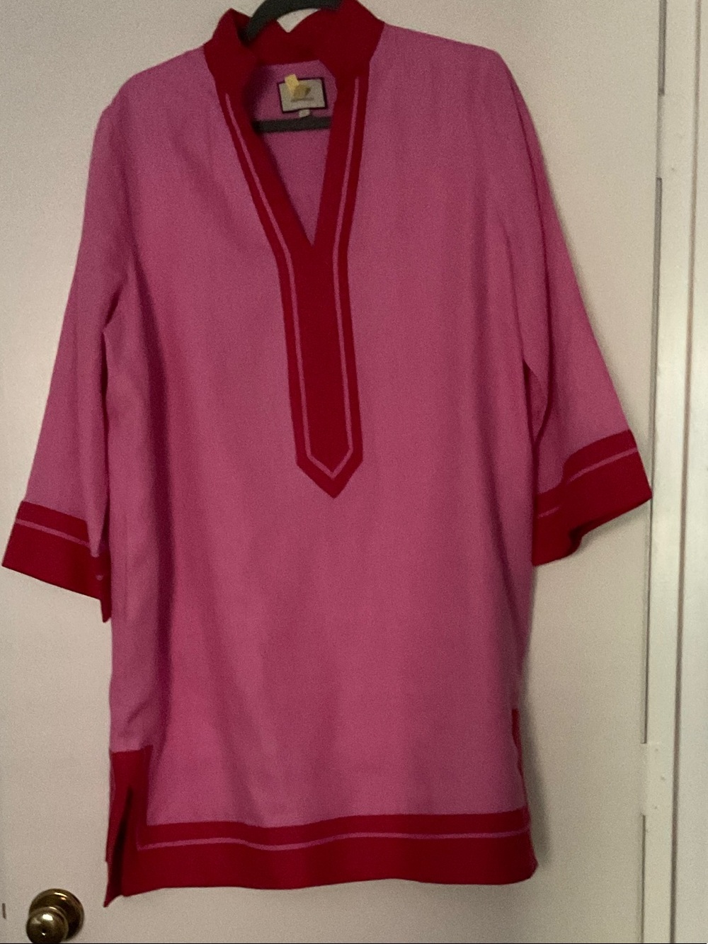 Pink Tunic with Red Trim V-Neck